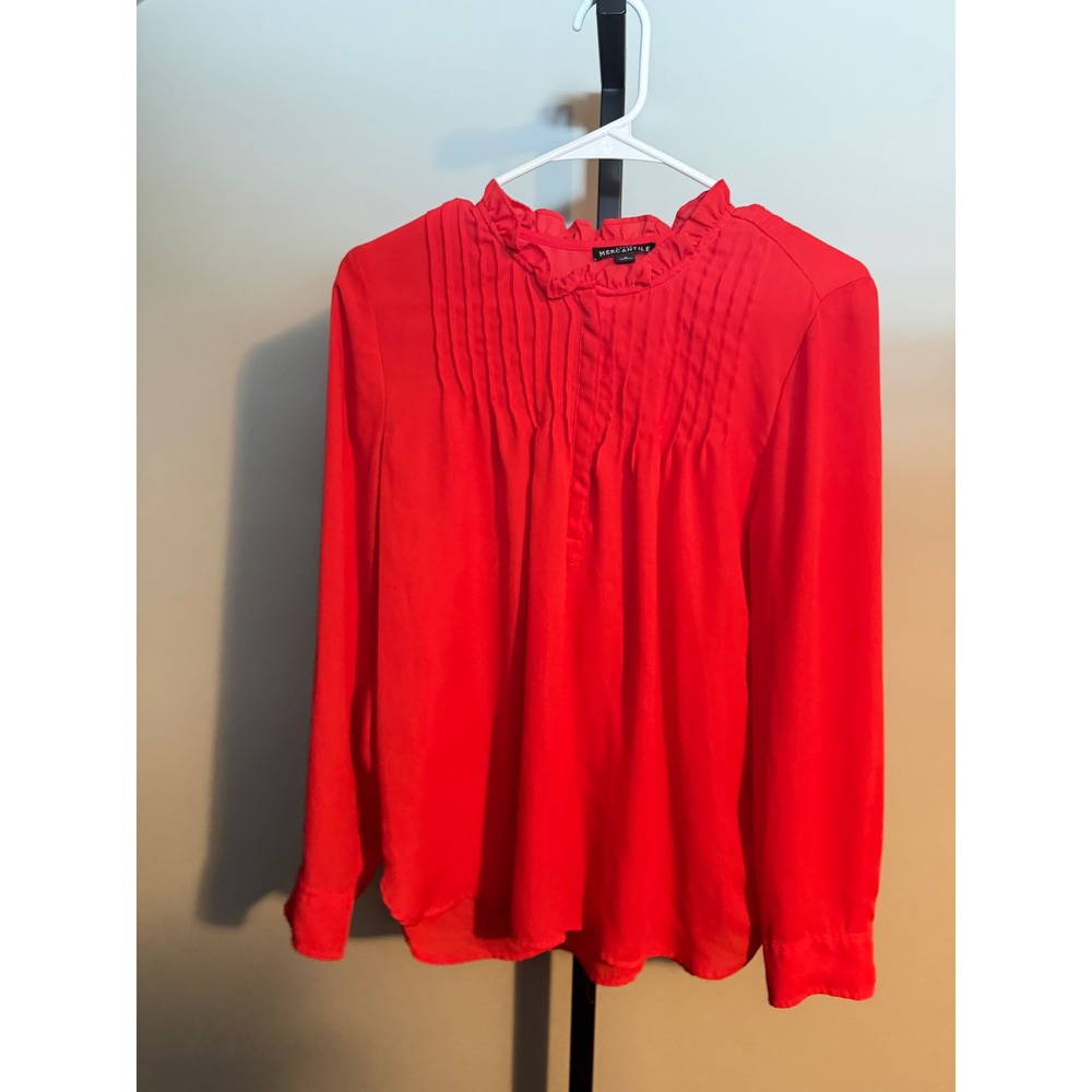 J.Crew Mercantile Red Ruffle Neck Pintuck Pleated Blouse Long Sleeve Top 8 - Picture 3 of 3